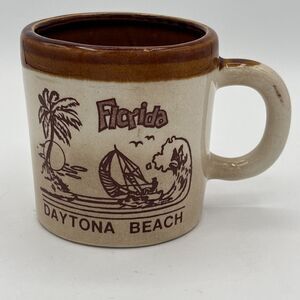 Vintage Florida Souvenir Coffee Mug Tea Cup Brown Beige Sailboat Palm Tree Ocean